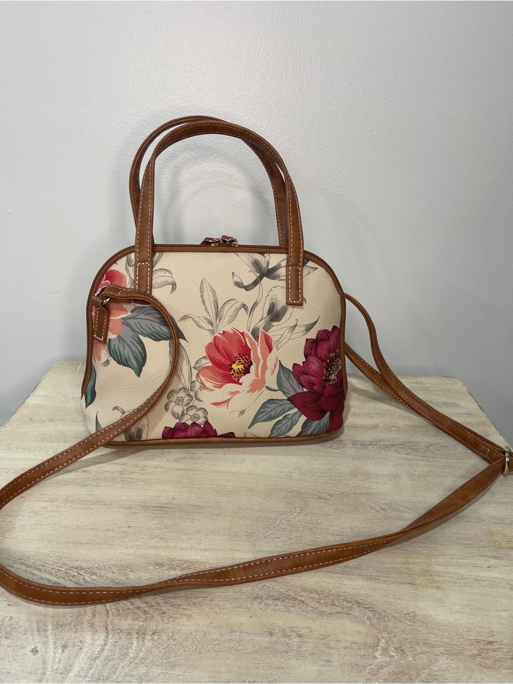 Women’s Floral Crossbody Satchel - Cream with Brown Trim